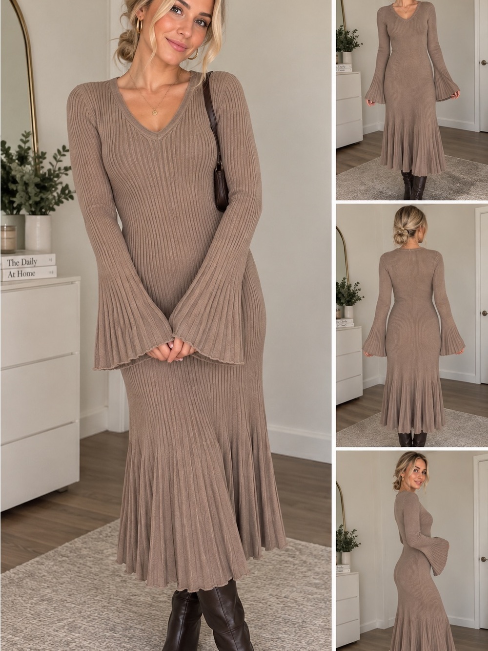 Edikted Ribbed V-Neck Long Sleeve Maxi Dress in Taupe